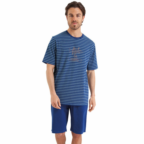 Athéna - Pyjama court Rayures Fish & Chips bleu en coton pour homme  - Sous-vêtement homme & pyjama